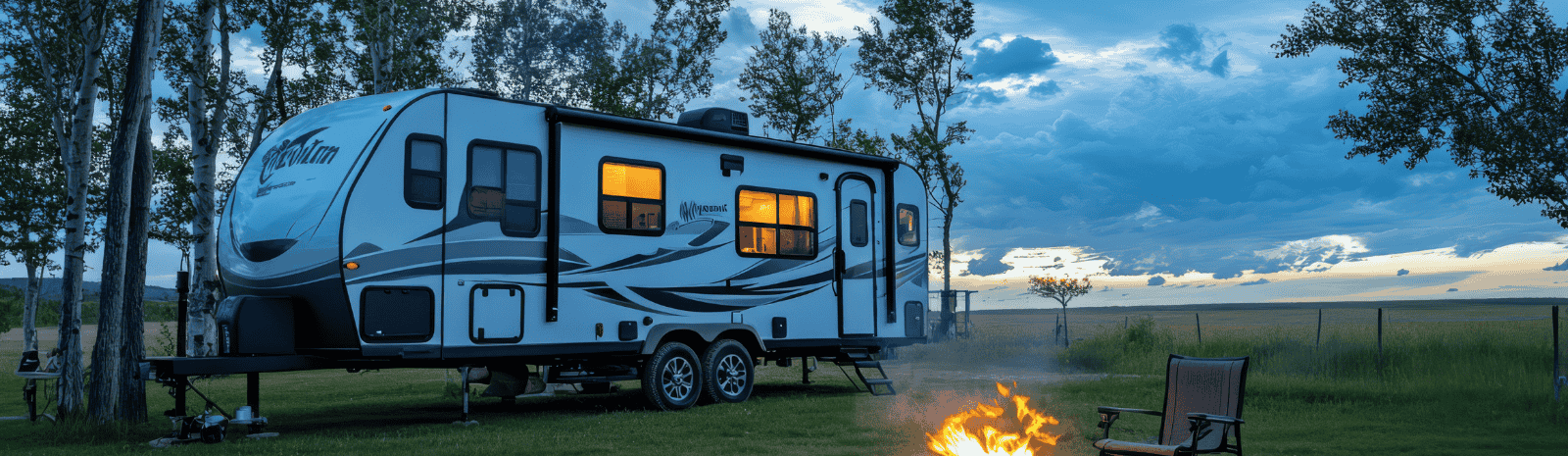 Camper parked in front of trees and fire pit
